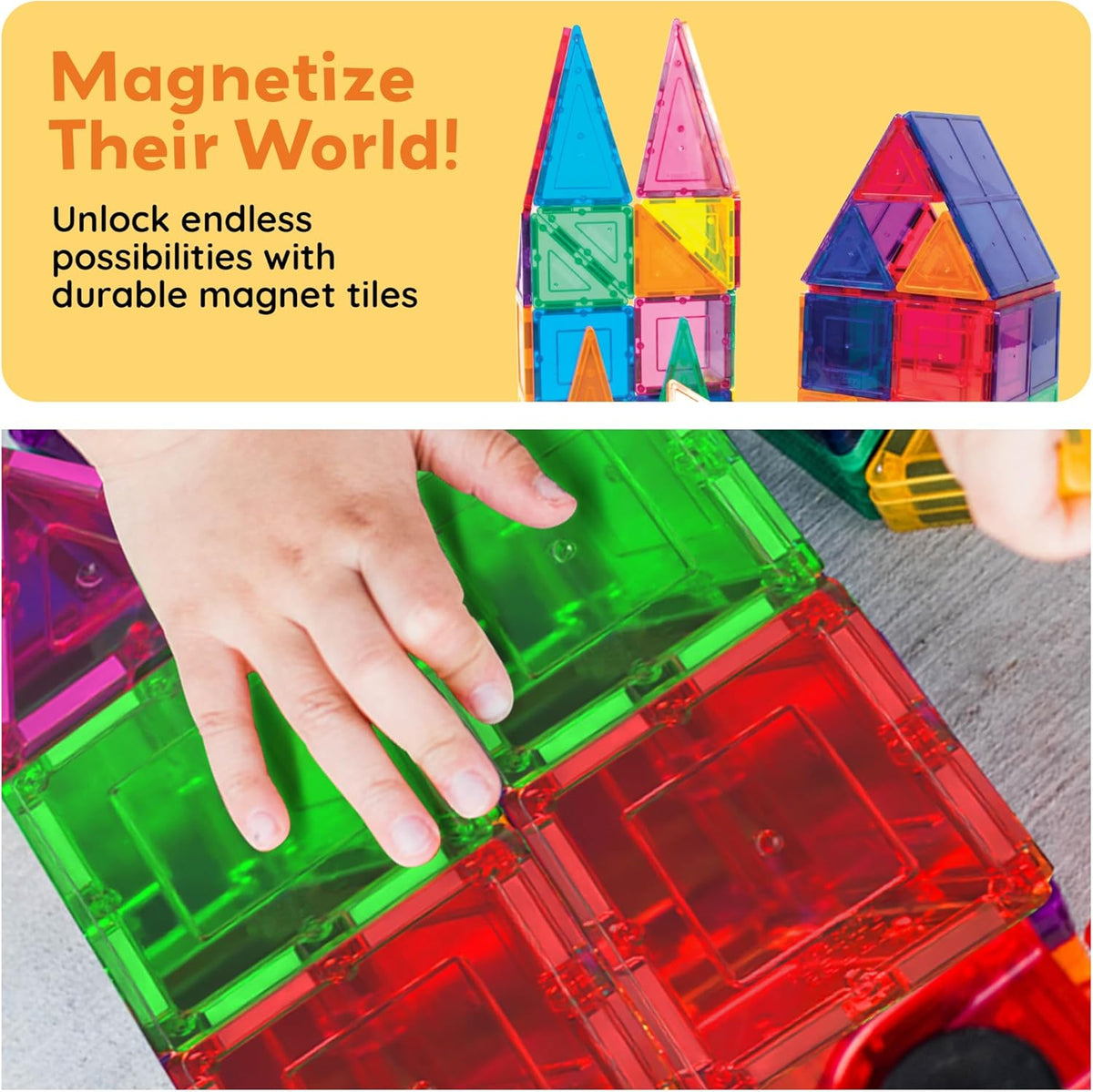PicassoTiles 100 Piece Magnetic Tiles, Clear 3D Building Blocks for Kids 3+